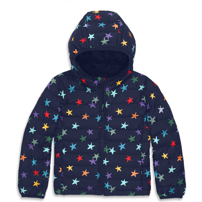 Lightweight Puffer Jacket In Rainbow Confetti Stars, Navy Confetti Stars