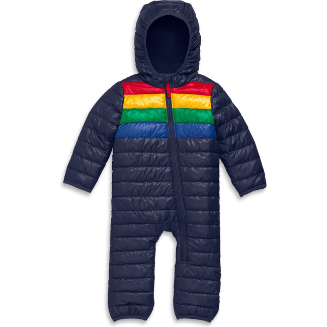 Baby Lightweight Puffer Suit In Rainbow Stripe, Navy Bold Rainbow