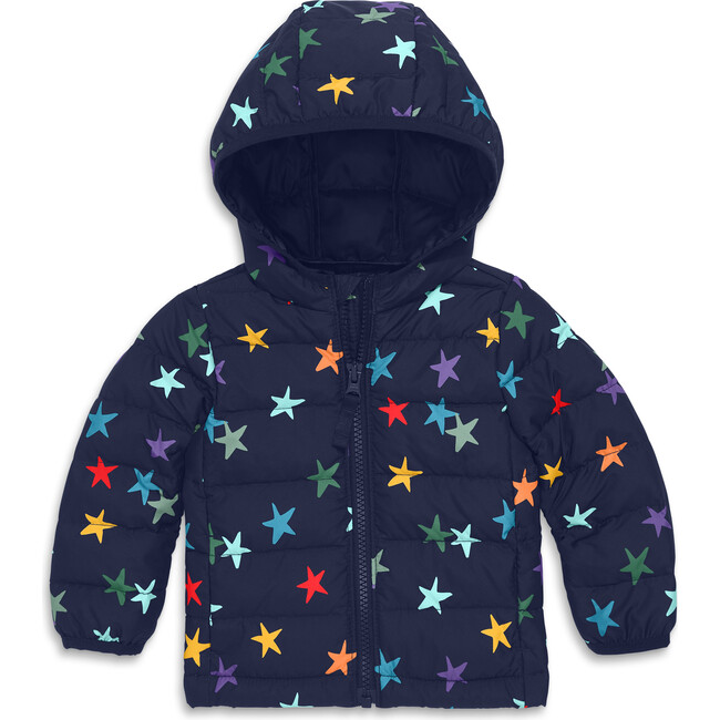 Baby Lightweight Puffer Jacket In Rainbow Confetti Stars, Navy Confetti Stars