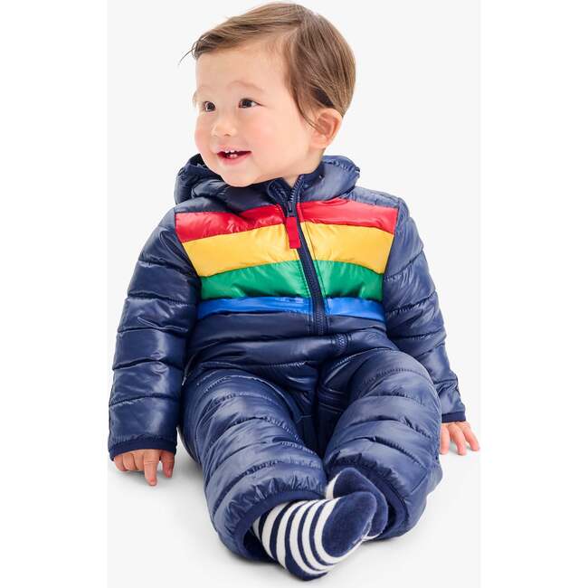 Baby Lightweight Puffer Suit In Rainbow Stripe, Navy Bold Rainbow - Snowsuits - 3