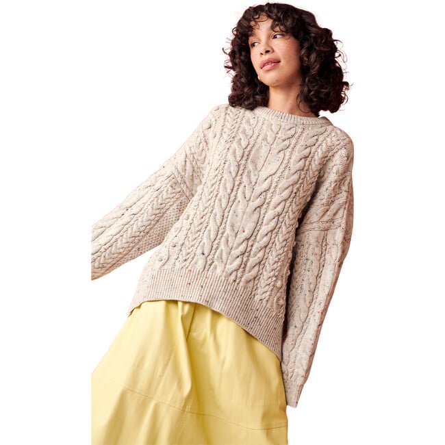 Women's Oversized Cable Knit Ribbed Trim Sweater, Natural Speckle