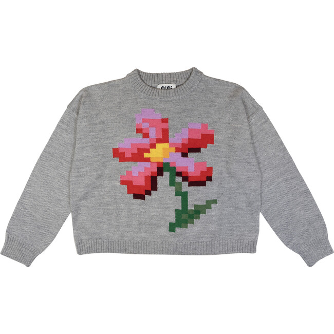 Women's Pixel Daisy Flower Intarsia Drop Shoulder Boxy Fit Sweater, Grey & Multicolors