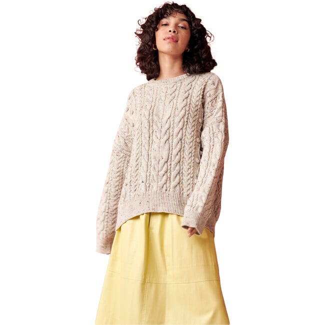 Women's Oversized Cable Knit Ribbed Trim Sweater, Natural Speckle - Sweaters - 2