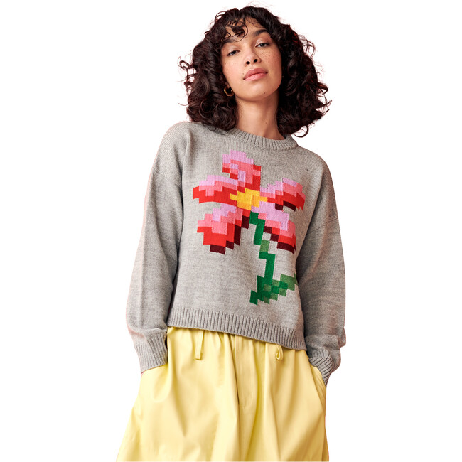 Women's Pixel Daisy Flower Intarsia Drop Shoulder Boxy Fit Sweater, Grey & Multicolors - Sweaters - 2