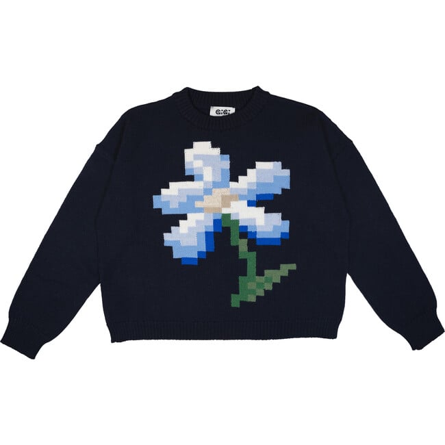 Women's Pixel Daisy Flower Intarsia Drop Shoulder Boxy Fit Sweater, Navy & Multicolors