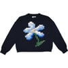 Women's Pixel Daisy Flower Intarsia Drop Shoulder Boxy Fit Sweater, Navy & Multicolors - Sweaters - 1 - thumbnail