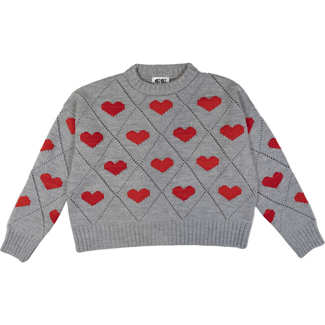 Women's Love Heart Intarsia Ribbed Trim Boxy Fit Slightly Cropped Sweater, Grey & Red