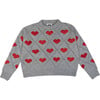 Women's Love Heart Intarsia Ribbed Trim Boxy Fit Slightly Cropped Sweater, Grey & Red - Sweaters - 1 - thumbnail