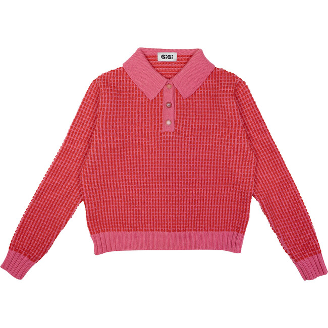 Women's Mismatch Knit Pin Stripe Trim Polo Sweater, Red & Pink