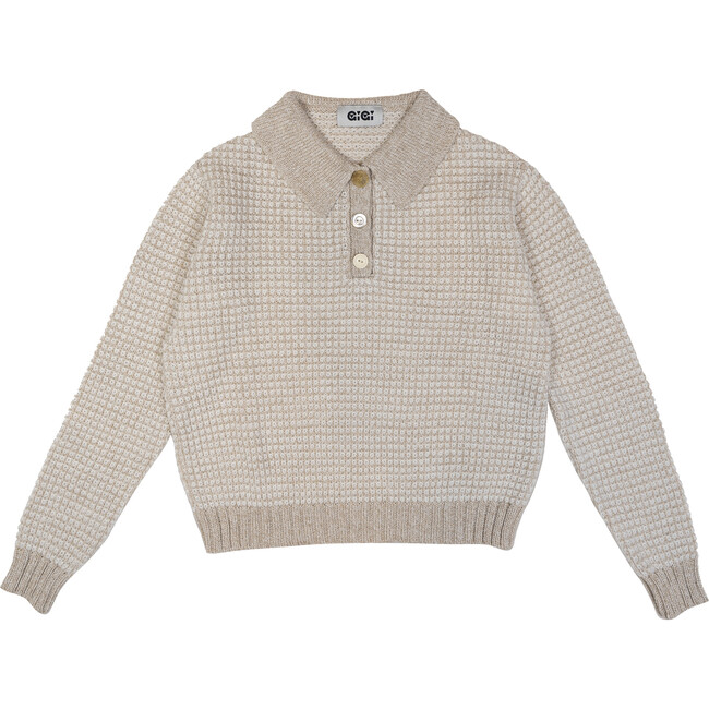 Women's Mismatch Knit Pin Stripe Trim Polo Sweater, Beige & Marl