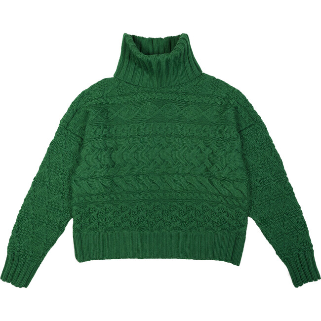 Women's Cable Knit Ribbed Turtle Neck Relaxed Fit Sweater, Bright Green