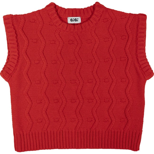 Women's Bubble Mini Pom Poms & Zig Zag Knit Vest, Red