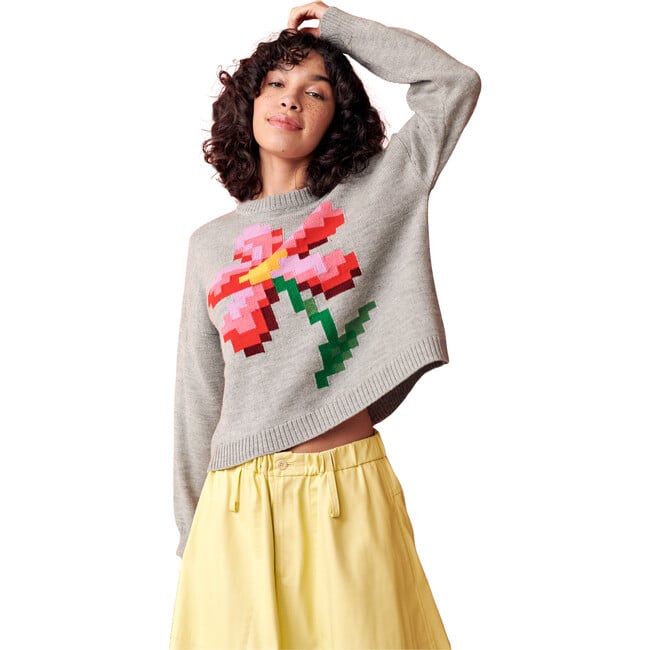 Women's Pixel Daisy Flower Intarsia Drop Shoulder Boxy Fit Sweater, Grey & Multicolors - Sweaters - 3