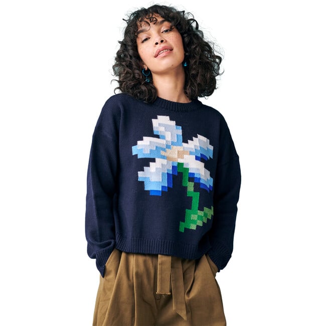 Women's Pixel Daisy Flower Intarsia Drop Shoulder Boxy Fit Sweater, Navy & Multicolors - Sweaters - 2