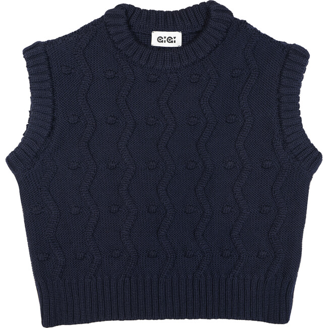 Women's Bubble Mini Pom Poms & Zig Zag Knit Vest, Navy