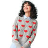 Women's Love Heart Intarsia Ribbed Trim Boxy Fit Slightly Cropped Sweater, Grey & Red - Sweaters - 2