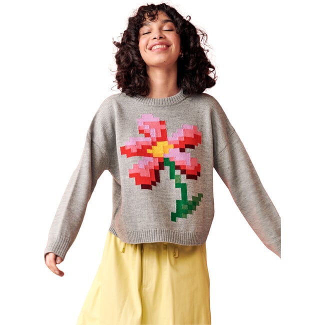 Women's Pixel Daisy Flower Intarsia Drop Shoulder Boxy Fit Sweater, Grey & Multicolors - Sweaters - 4