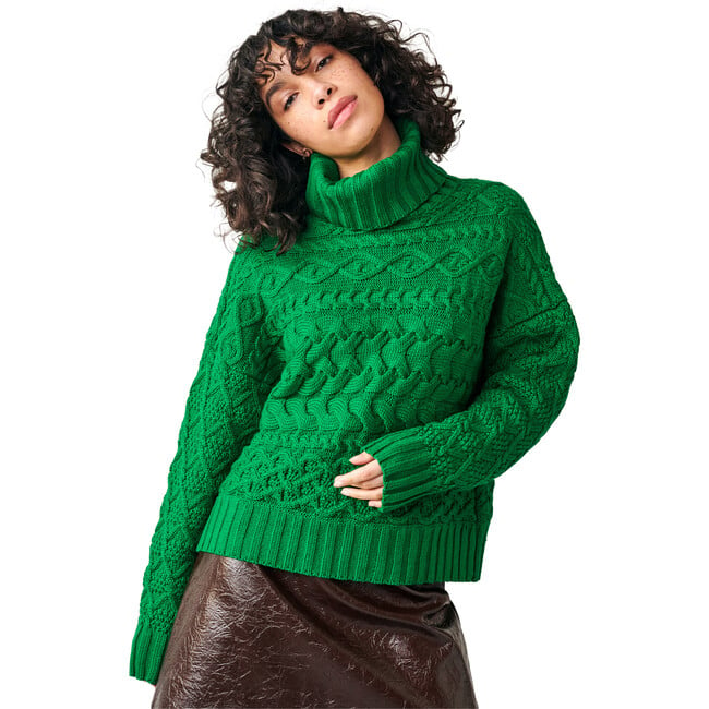 Women's Cable Knit Ribbed Turtle Neck Relaxed Fit Sweater, Bright Green - Sweaters - 2