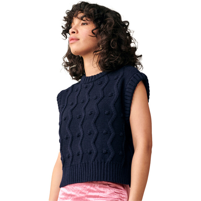 Women's Bubble Mini Pom Poms & Zig Zag Knit Vest, Navy - Vests - 3