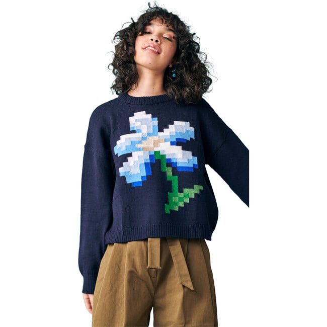 Women's Pixel Daisy Flower Intarsia Drop Shoulder Boxy Fit Sweater, Navy & Multicolors - Sweaters - 3