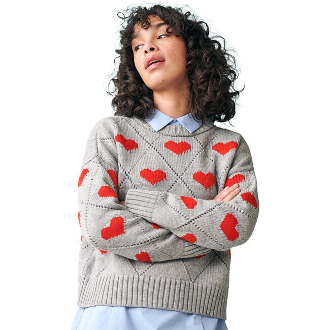 Women's Love Heart Intarsia Ribbed Trim Boxy Fit Slightly Cropped Sweater, Grey & Red - Sweaters - 3