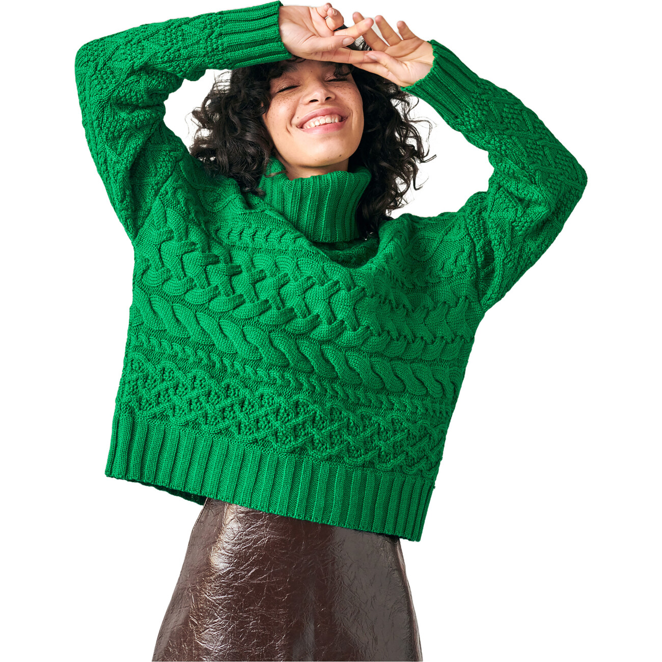 Women's Cable Knit Ribbed Turtle Neck Relaxed Fit Sweater
