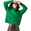 Women's Cable Knit Ribbed Turtle Neck Relaxed Fit Sweater, Bright Green - Sweaters - 3