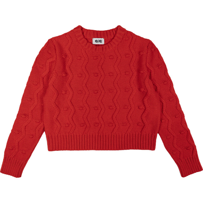 Women's Bubble Mini Pom Poms & Zig Zag Knit Boxy Fit Sweater, Red