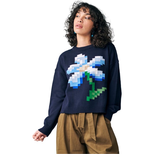 Women's Pixel Daisy Flower Intarsia Drop Shoulder Boxy Fit Sweater, Navy & Multicolors - Sweaters - 4