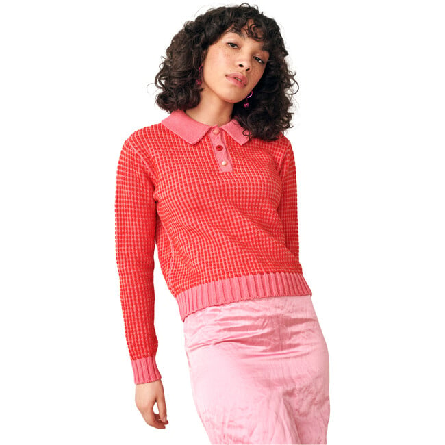 Women's Mismatch Knit Pin Stripe Trim Polo Sweater, Red & Pink - Sweaters - 4