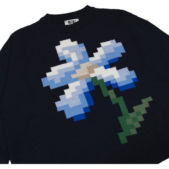 Women's Pixel Daisy Flower Intarsia Drop Shoulder Boxy Fit Sweater, Navy & Multicolors - Sweaters - 5