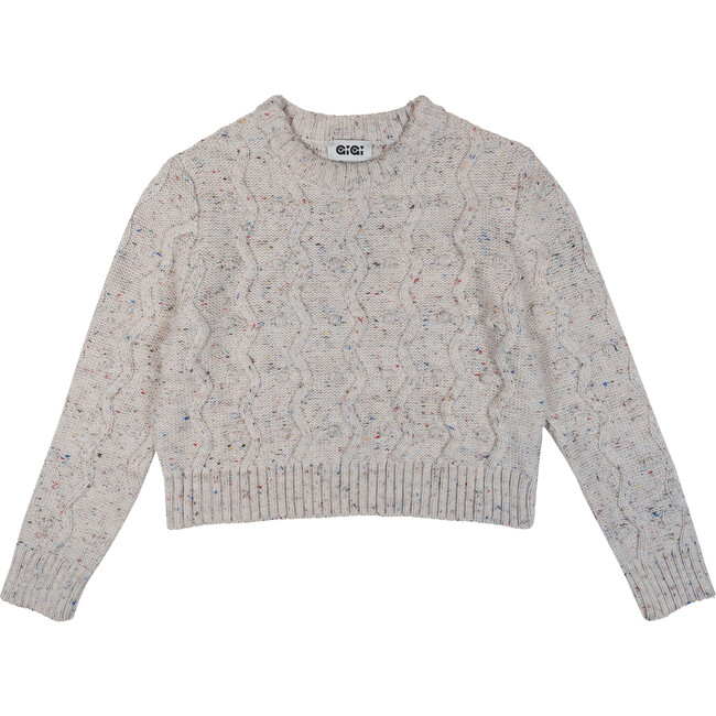 Women's Bubble Mini Pom Poms & Zig Zag Knit Boxy Fit Sweater, Natural Speckle