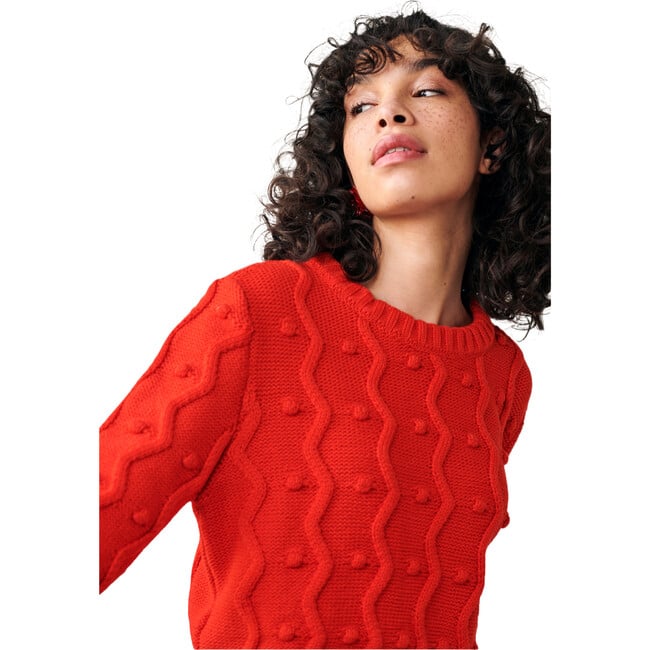 Women's Bubble Mini Pom Poms & Zig Zag Knit Boxy Fit Sweater, Red - Sweaters - 3