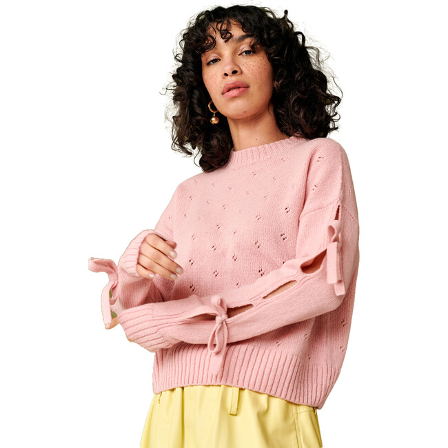 Women's Bow Self-Tie Cut-Out Sleeve Ribbed Trim Sweater, Light Pink