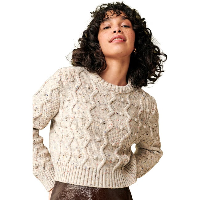 Women's Bubble Mini Pom Poms & Zig Zag Knit Boxy Fit Sweater, Natural Speckle - Sweaters - 3