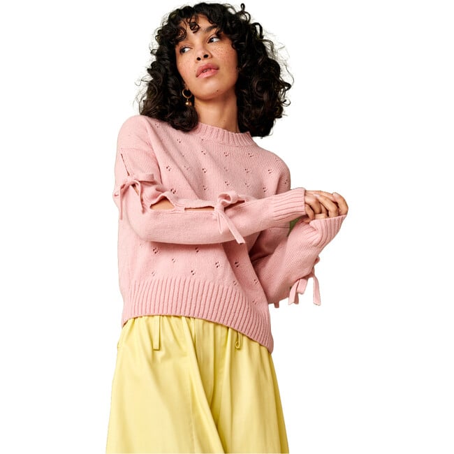 Women's Bow Self-Tie Cut-Out Sleeve Ribbed Trim Sweater, Light Pink - Sweaters - 3