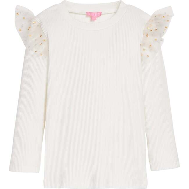 Sadie Ribbed Ruffle Shoulder Long Sleeve Top, Sparkle Stars