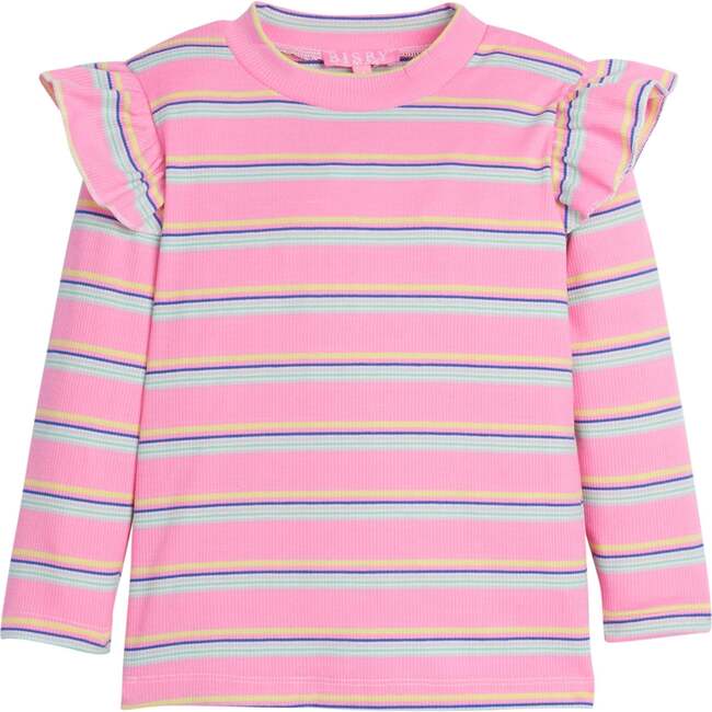 Sadie Ribbed Ruffle Shoulder Long Sleeve Top, Bubblegum Stripe