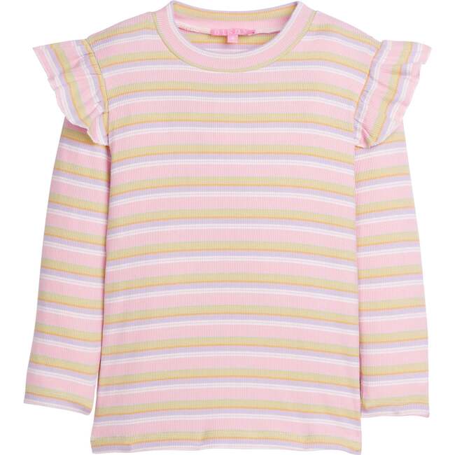 Sadie Ribbed Ruffle Shoulder Long Sleeve Top, Pastel Stripe