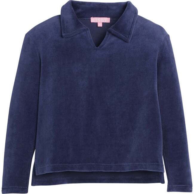 Velour Polo Collar Long Sleeve Pull-Over Sweatshirt, Navy