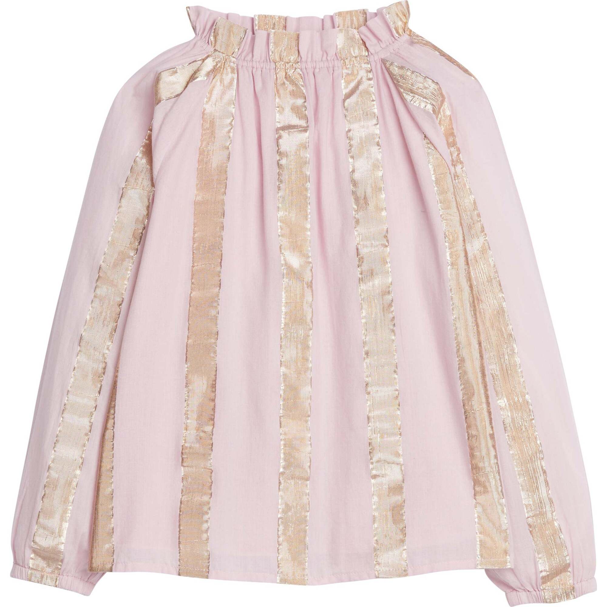 Tory Ruffle Neck Elastic Cuff Long Sleeve Top, Pink Metallic Stripe - Blouses - 1