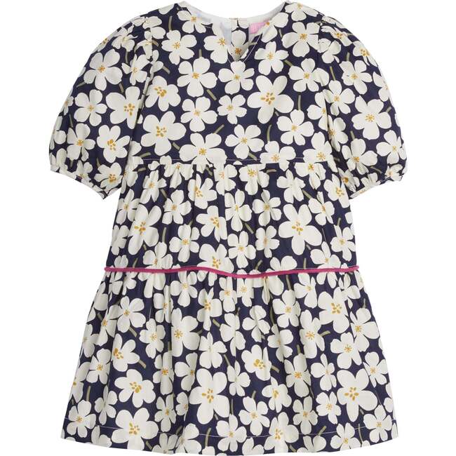 Madaket Velvet Piped Short Sleeve Tiered Dress, Navy Blooms