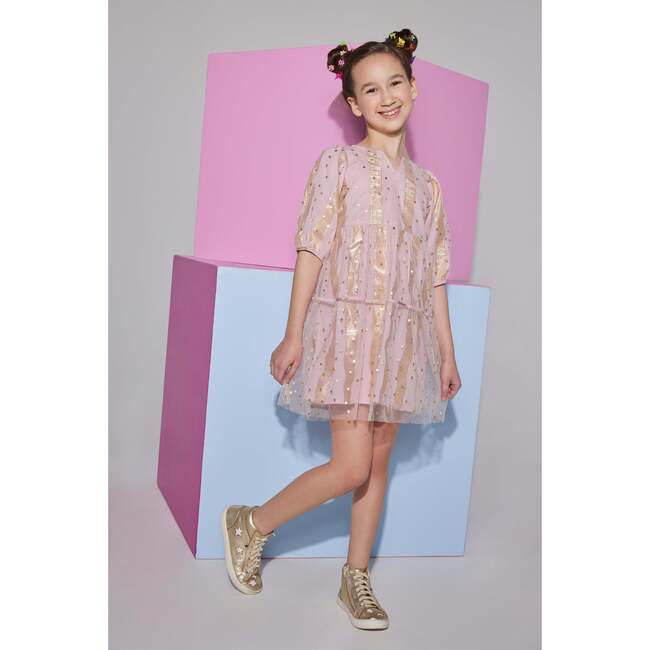 Madaket Metallic Print Short Sleeve Tiered Dress, Pink Stars & Stripes - Dresses - 2