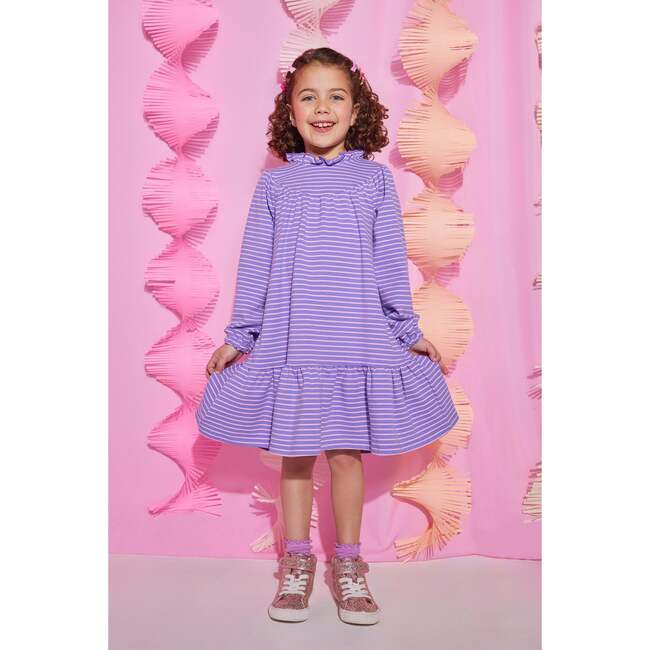 Jody Ruffle Neck Long Sleeve Knit A-Line Dress, Purple Stripe - Dresses - 2