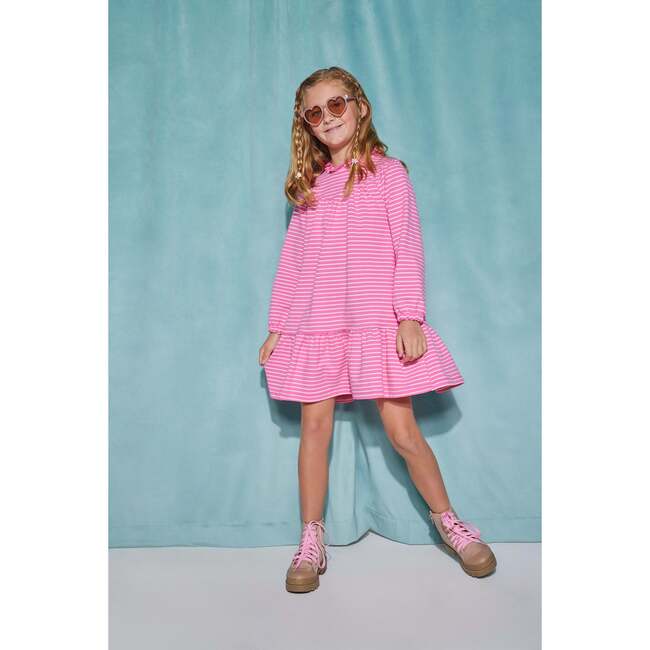 Jody Ruffle Neck Long Sleeve Knit A-Line Dress, Pink Stripe - Dresses - 2