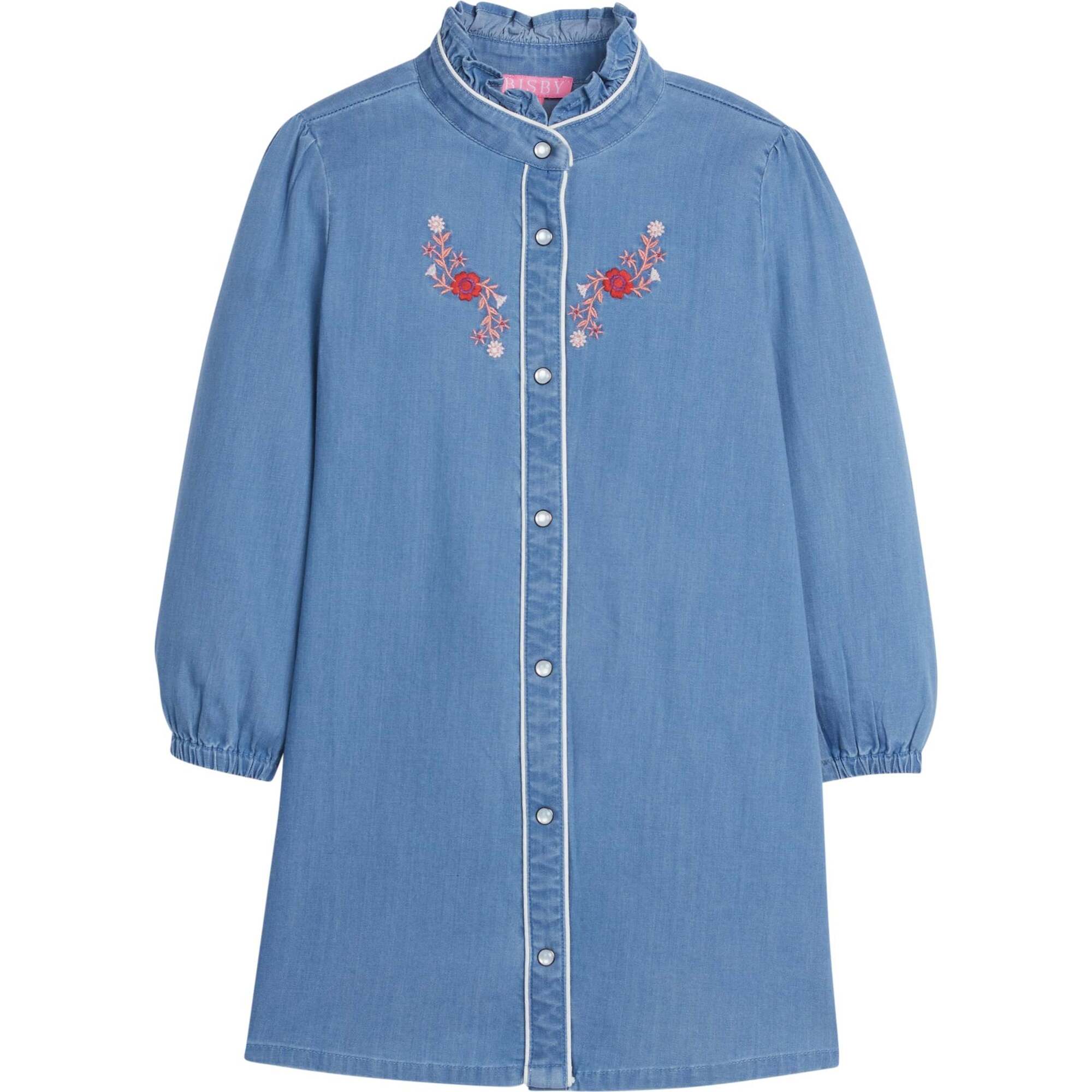 Jen Embroidered Ruffle Collar Long Sleeve Button Dress, Chambray & Thistle - Dresses - 1