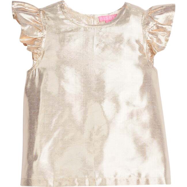 Gold Metallic Ruffle Shoulder Sleeveless Top, Gilt Metallic