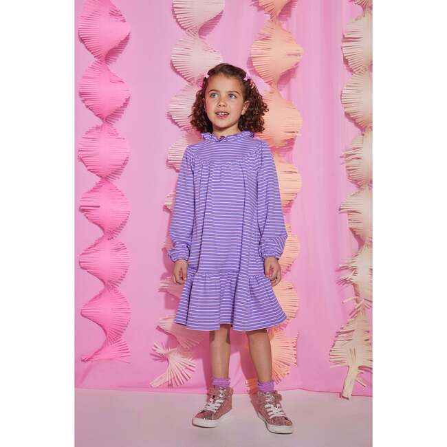 Jody Ruffle Neck Long Sleeve Knit A-Line Dress, Purple Stripe - Dresses - 3