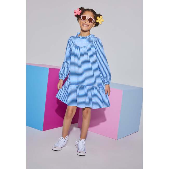 Jody Ruffle Neck Long Sleeve Knit A-Line Dress, Blue Stripe - Dresses - 2