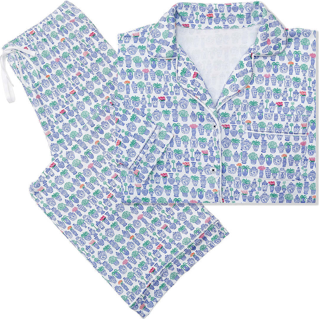Ginger Jars Women's Button Front Long Pajama Set, Blue - Pajamas - 1